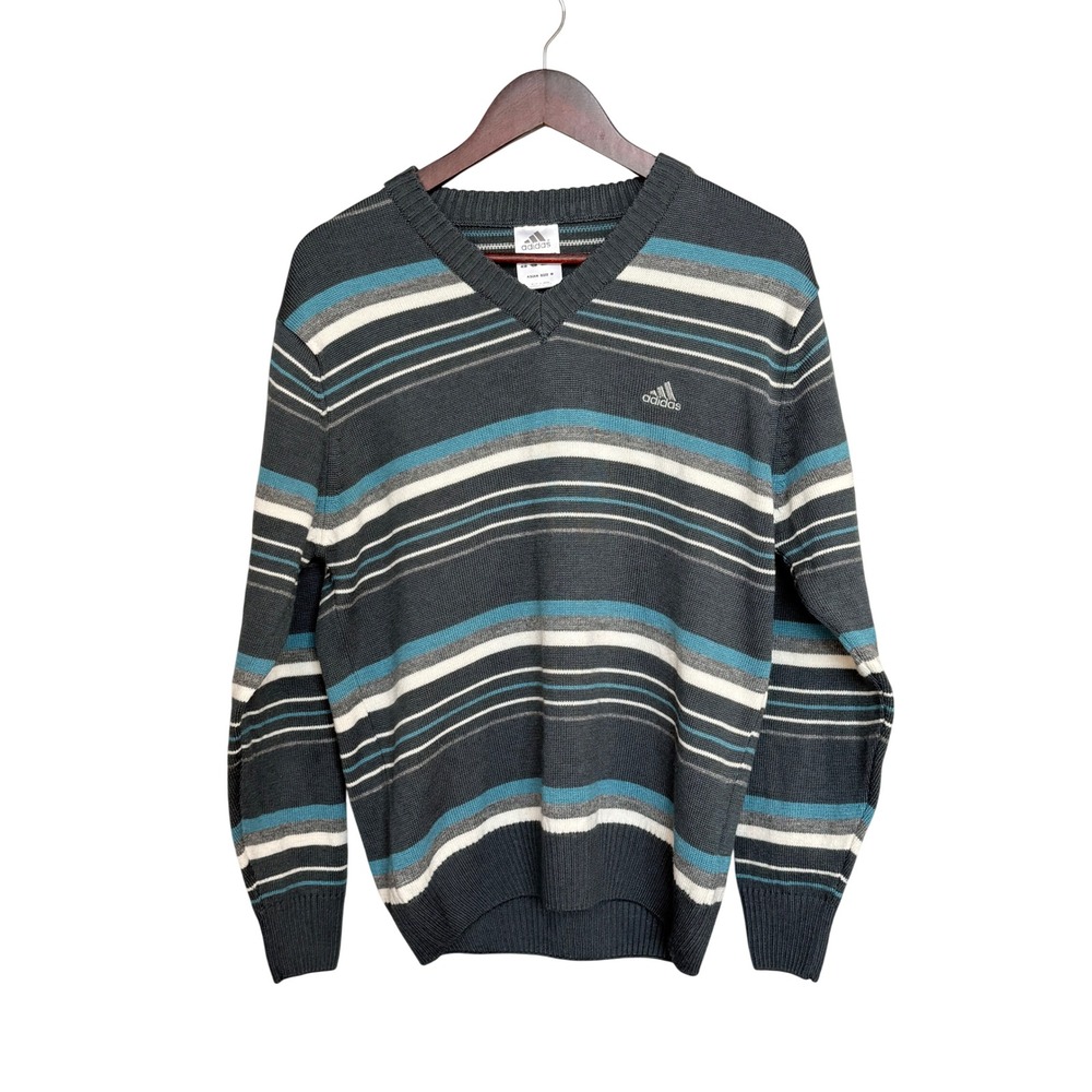 Adidas V-Neck Sweater Asian Size‎ M Grey Wool Blend Striped Embroidered Logo
